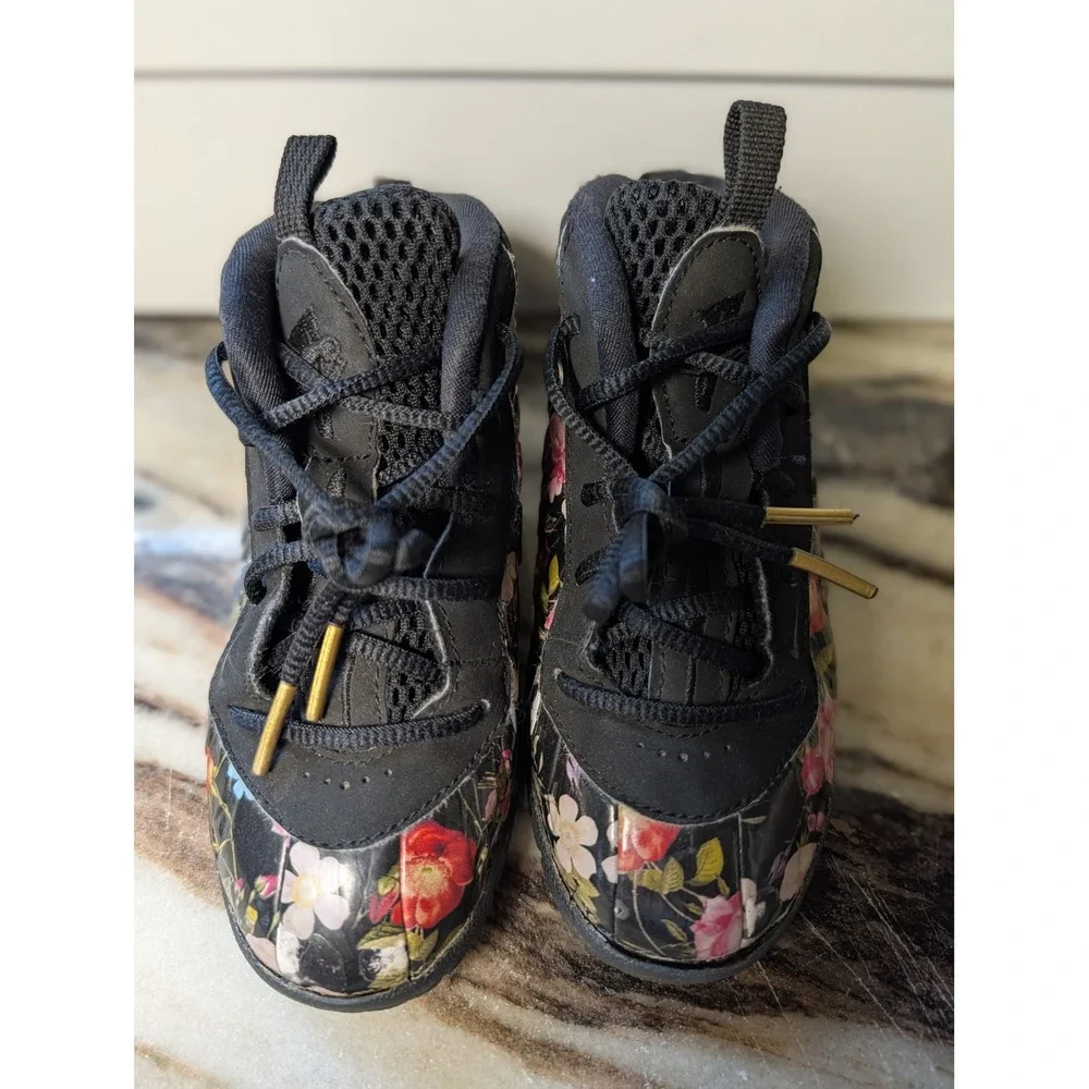Nike Little Posite One Floral Black University Red AT8250-001 Kids Size 10C